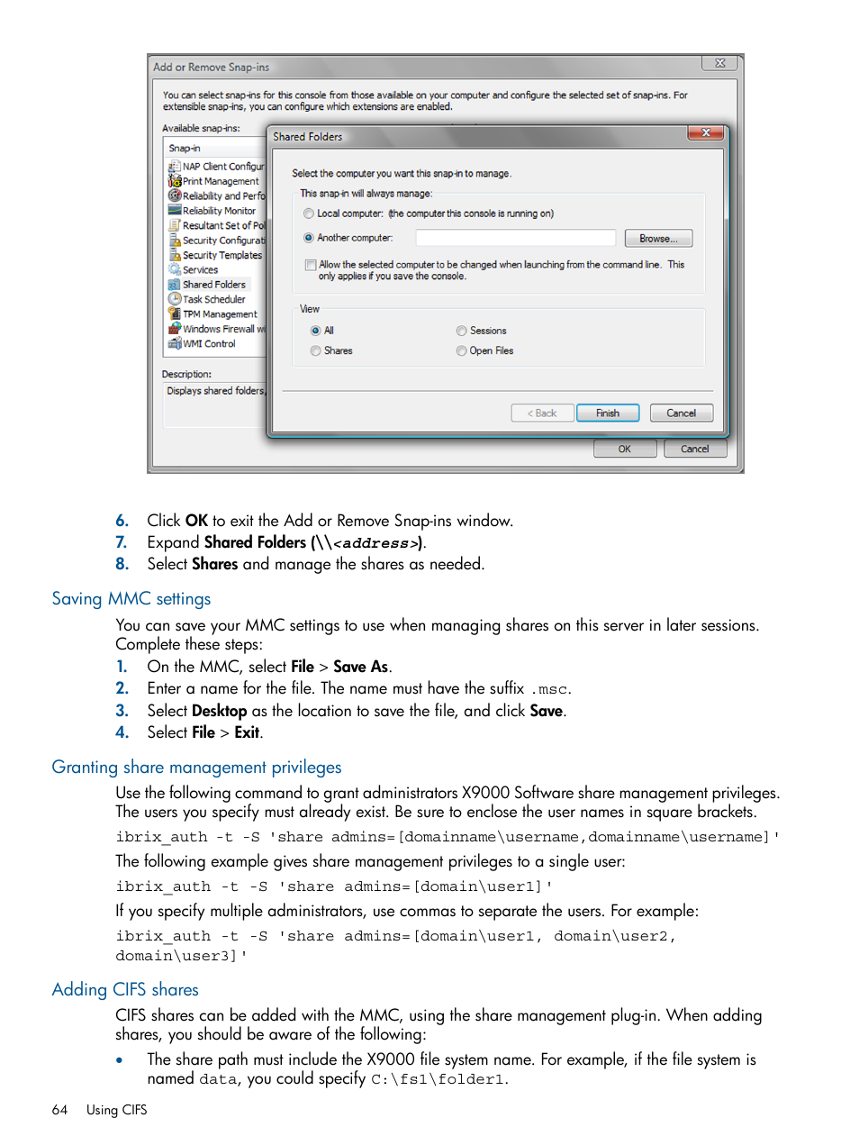 Saving mmc settings, Granting share management privileges, Adding cifs shares | HP StoreAll Storage User Manual | Page 64 / 165