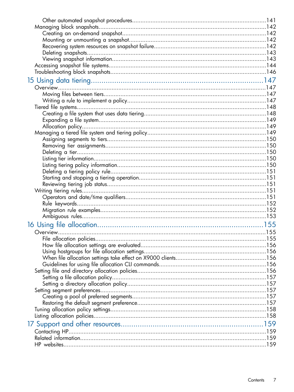 15 using data tiering, 16 using file allocation, 17 support and other resources | HP StoreAll Storage User Manual | Page 7 / 165