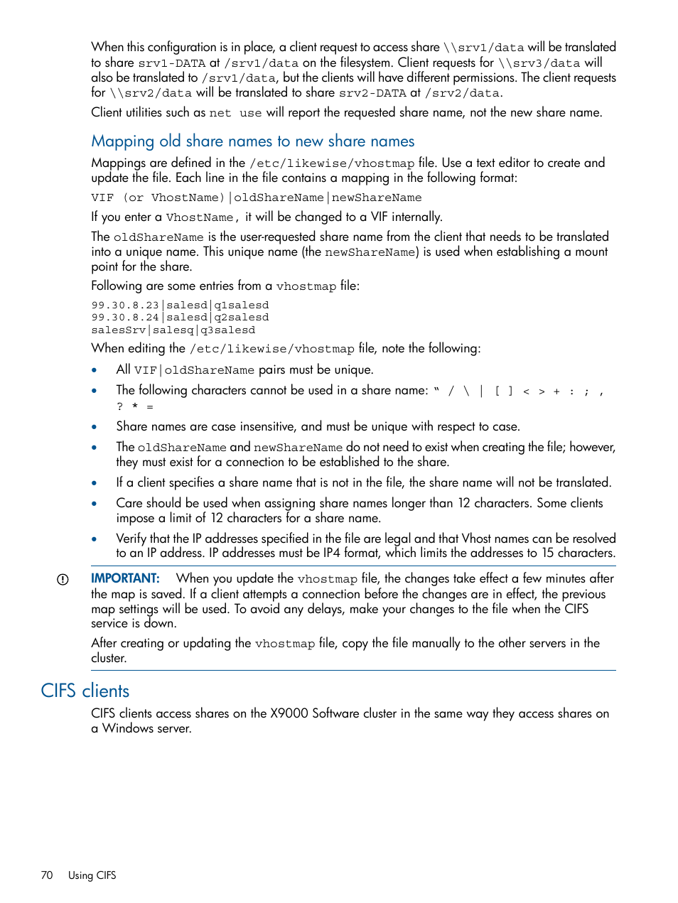 Cifs clients, Mapping old share names to new share names | HP StoreAll Storage User Manual | Page 70 / 165