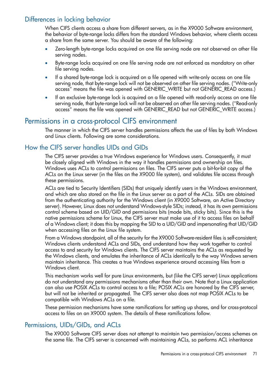 Differences in locking behavior, Permissions in a cross-protocol cifs environment, How the cifs server handles uids and gids | Permissions, uids/gids, and acls | HP StoreAll Storage User Manual | Page 71 / 165