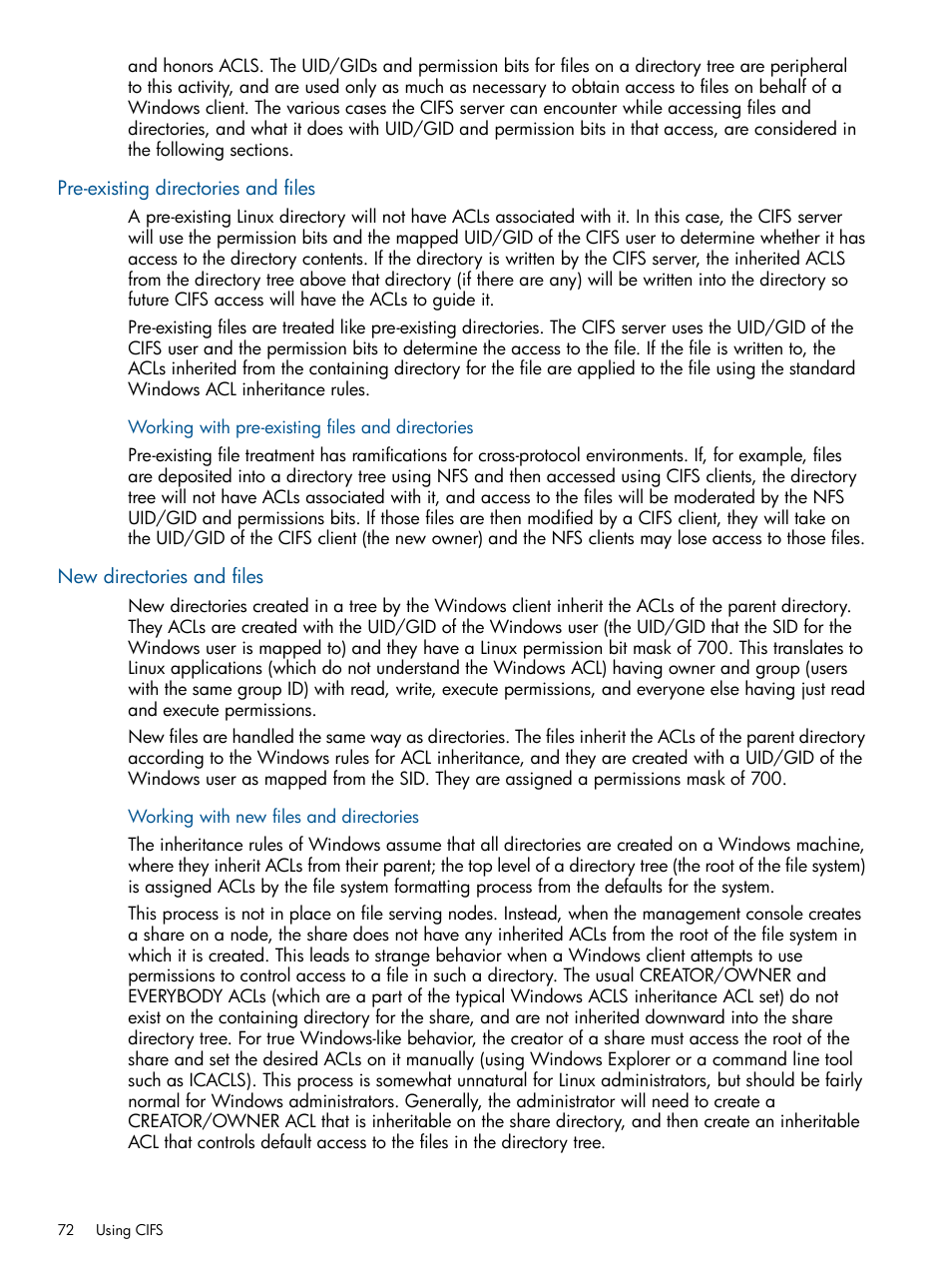 Pre-existing directories and files, New directories and files | HP StoreAll Storage User Manual | Page 72 / 165