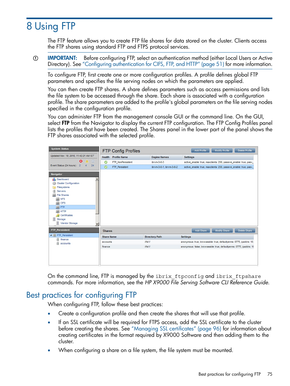 8 using ftp, Best practices for configuring ftp | HP StoreAll Storage User Manual | Page 75 / 165