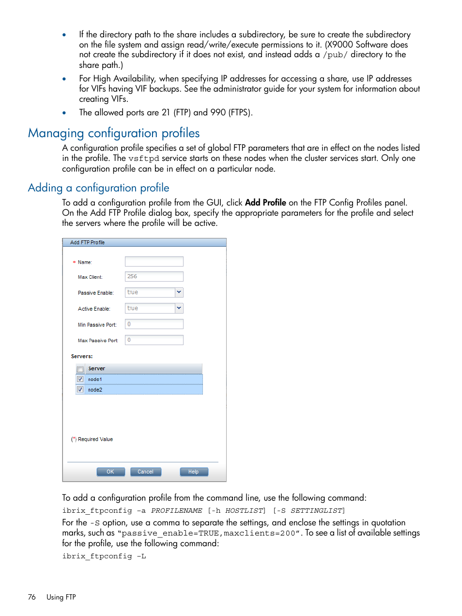 Managing configuration profiles, Adding a configuration profile | HP StoreAll Storage User Manual | Page 76 / 165