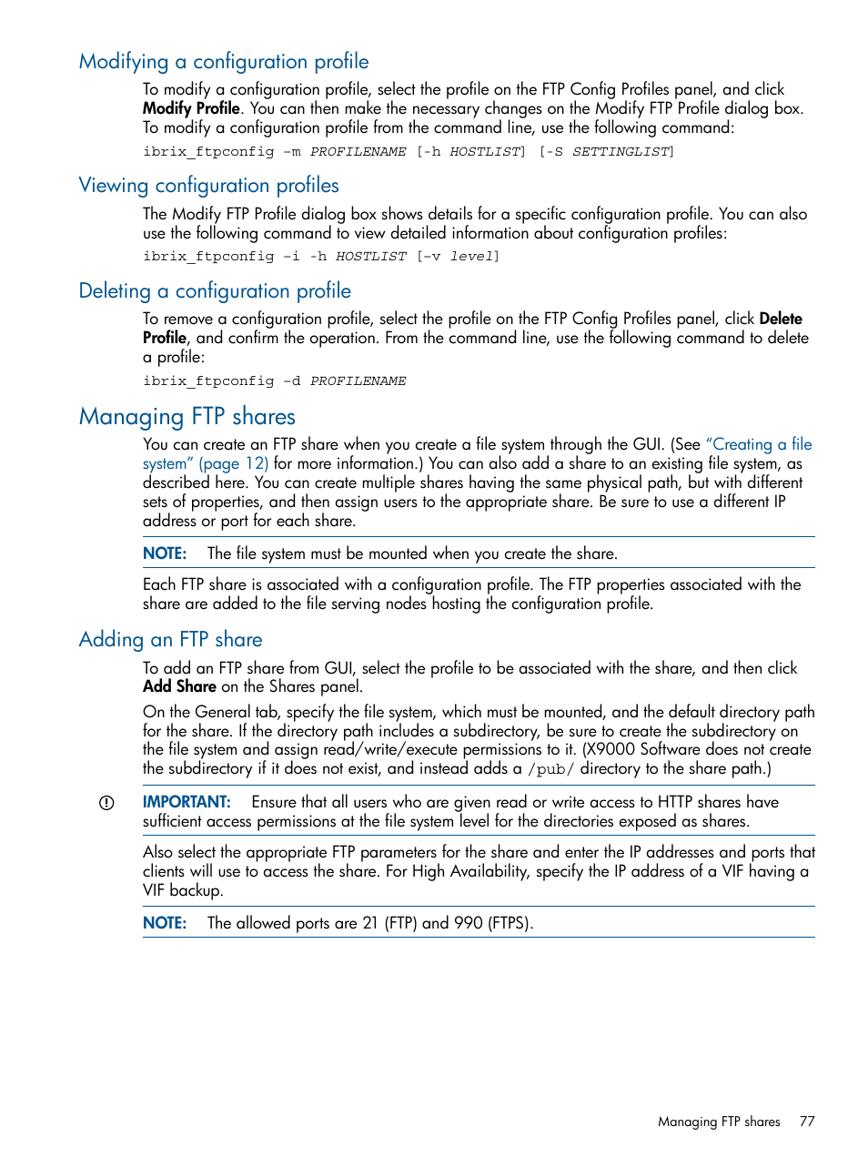 Modifying a configuration profile, Viewing configuration profiles, Deleting a configuration profile | Managing ftp shares, Adding an ftp share | HP StoreAll Storage User Manual | Page 77 / 165