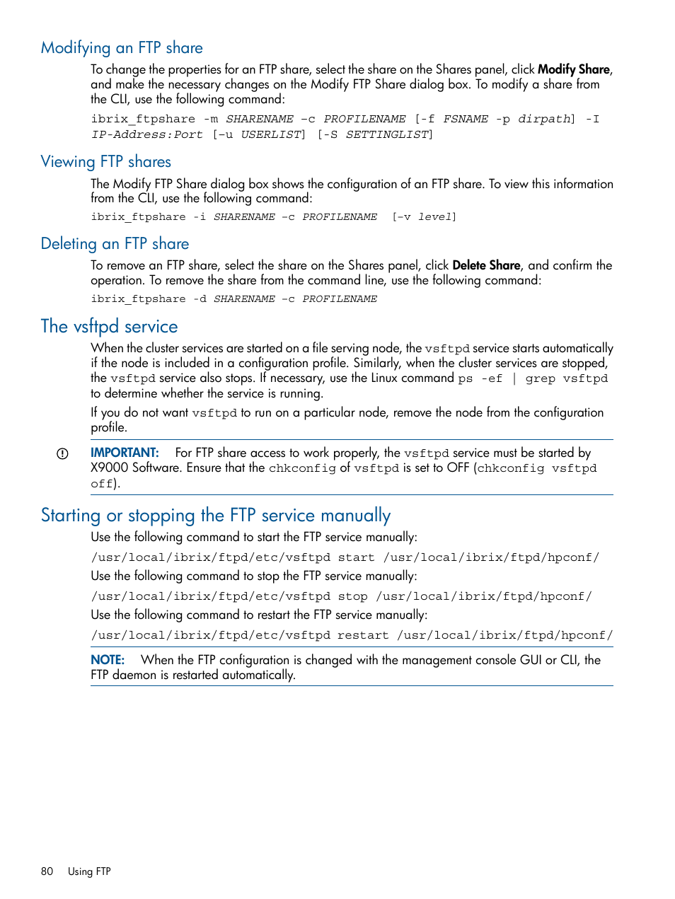 Modifying an ftp share, Viewing ftp shares, Deleting an ftp share | The vsftpd service, Starting or stopping the ftp service manually | HP StoreAll Storage User Manual | Page 80 / 165