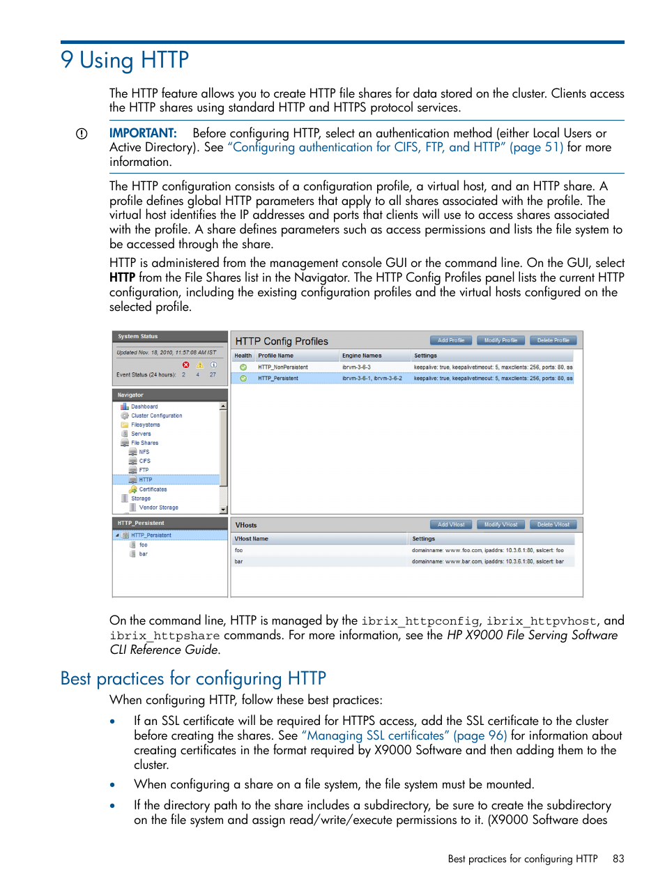 9 using http, Best practices for configuring http | HP StoreAll Storage User Manual | Page 83 / 165