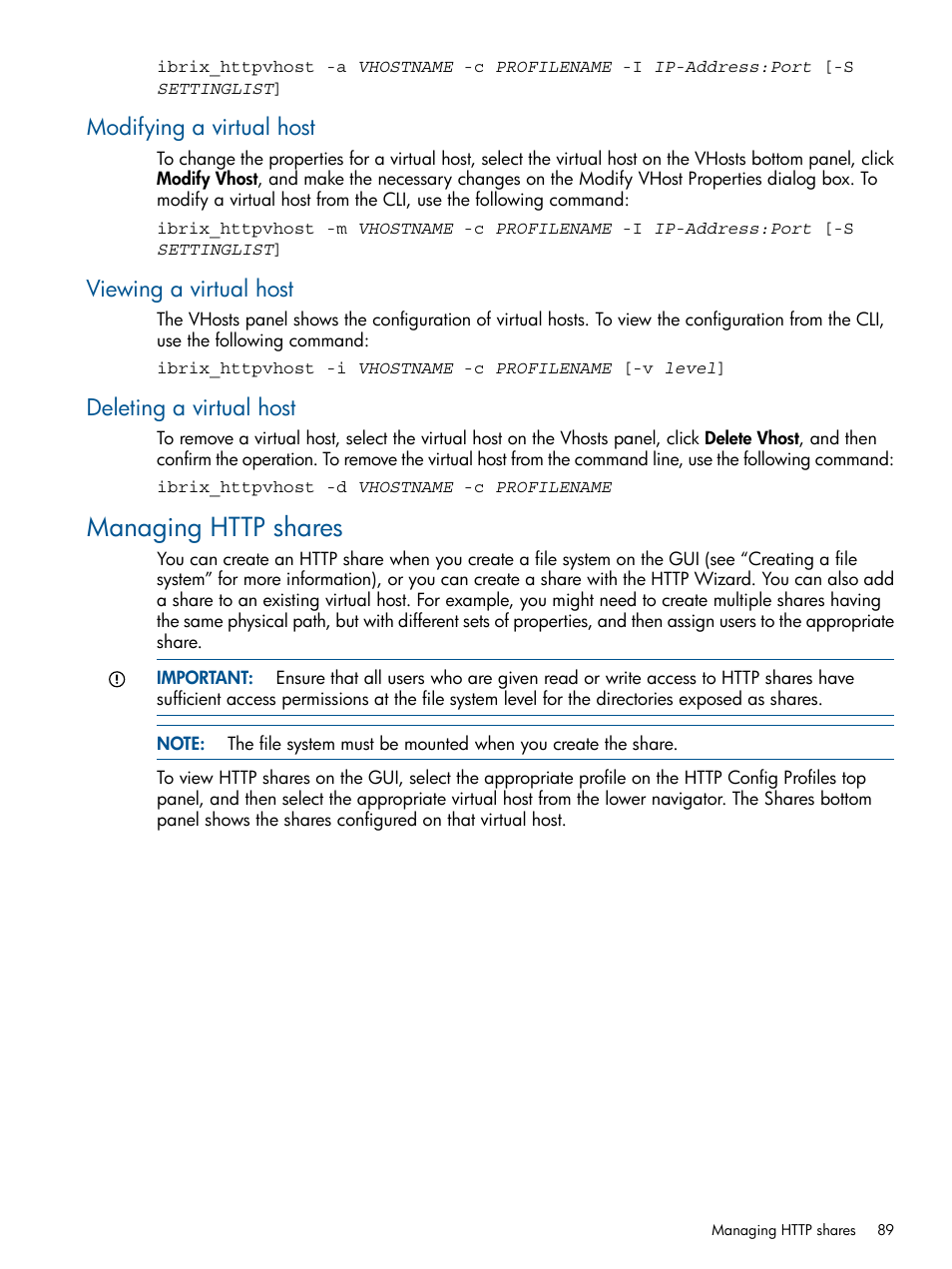 Modifying a virtual host, Viewing a virtual host, Deleting a virtual host | Managing http shares | HP StoreAll Storage User Manual | Page 89 / 165