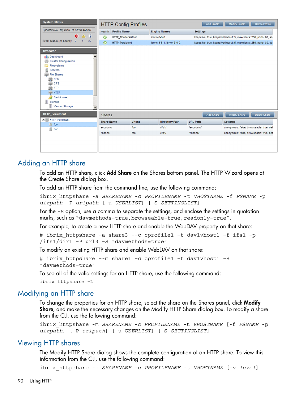 Adding an http share, Modifying an http share, Viewing http shares | HP StoreAll Storage User Manual | Page 90 / 165