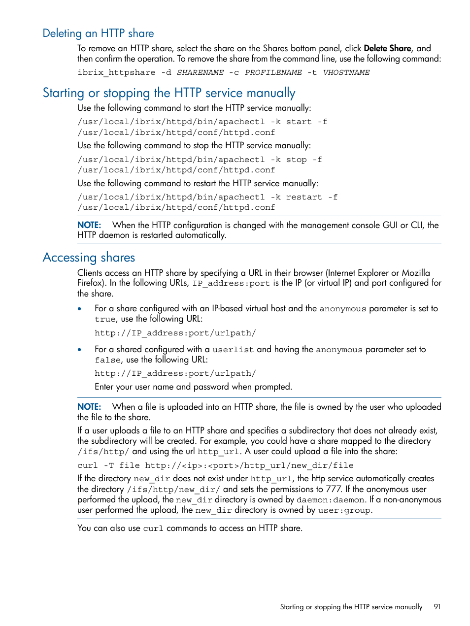 Deleting an http share, Starting or stopping the http service manually, Accessing shares | HP StoreAll Storage User Manual | Page 91 / 165
