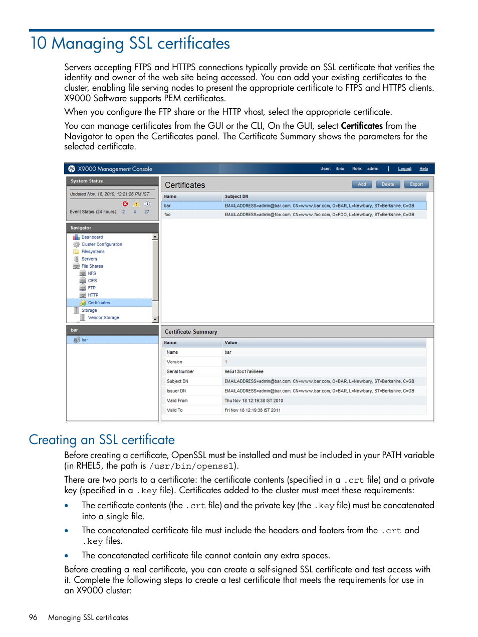 10 managing ssl certificates, Creating an ssl certificate | HP StoreAll Storage User Manual | Page 96 / 165