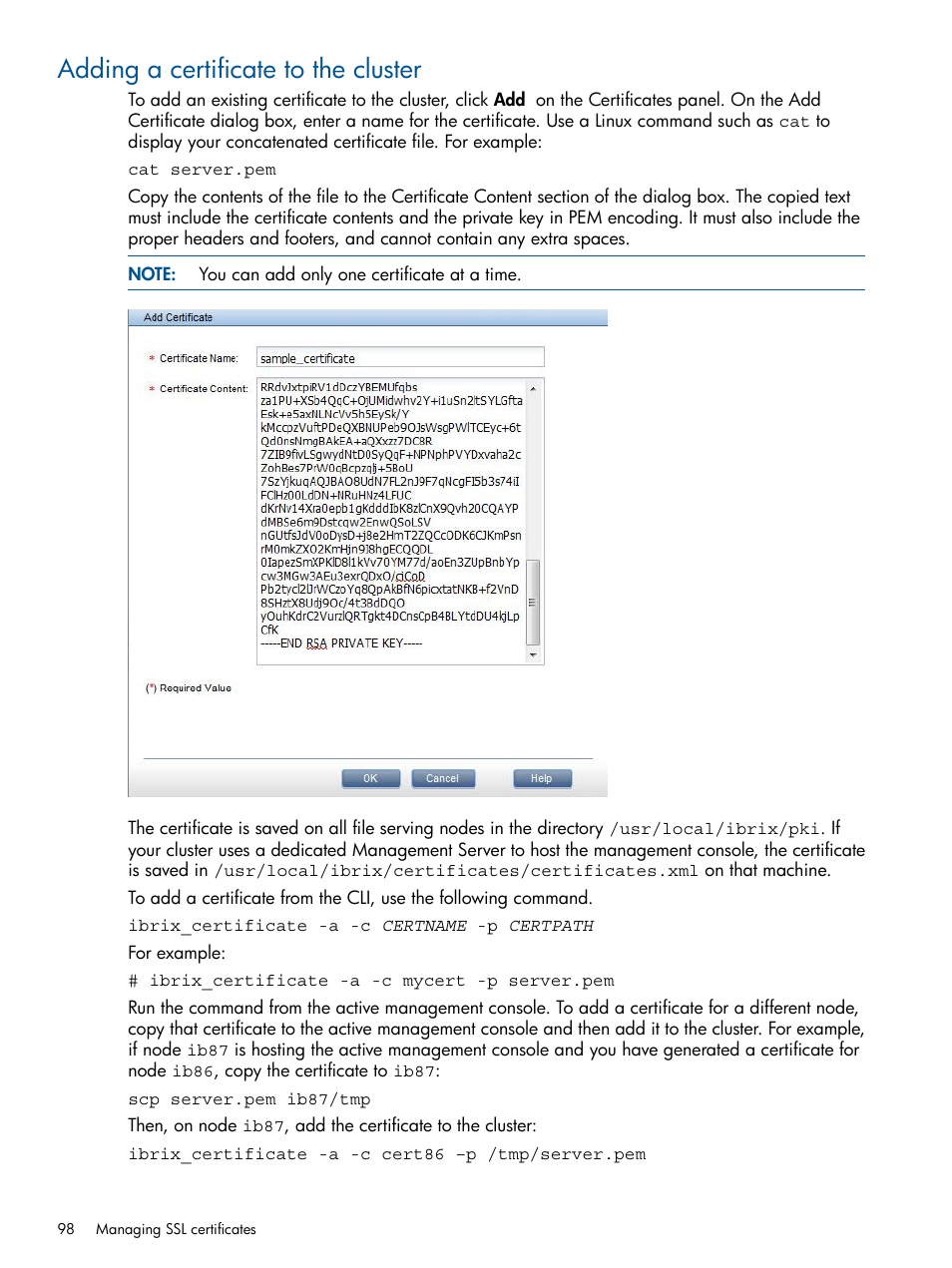 Adding a certificate to the cluster | HP StoreAll Storage User Manual | Page 98 / 165