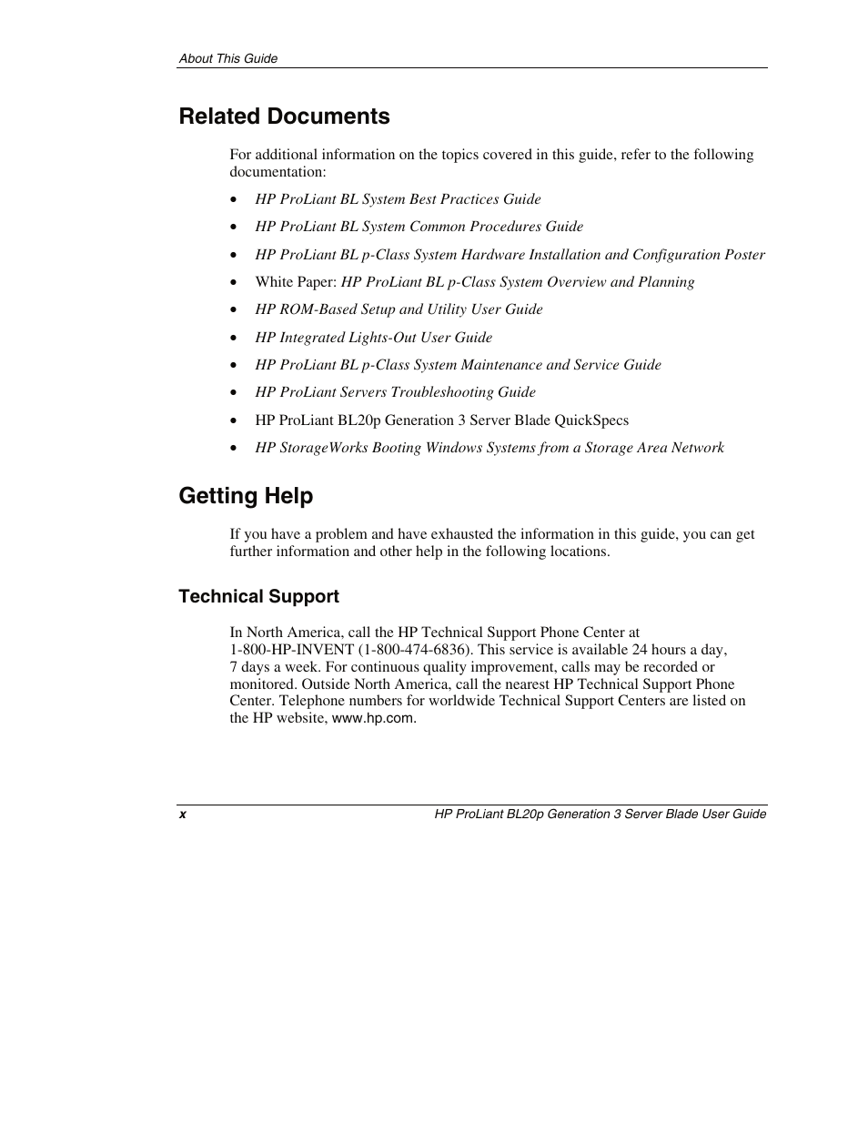 Related documents, Getting help, Technical support | HP ProLiant BL20p G3 Server Blade User Manual | Page 10 / 115