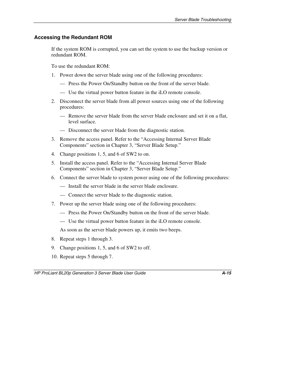 Accessing the redundant rom | HP ProLiant BL20p G3 Server Blade User Manual | Page 100 / 115