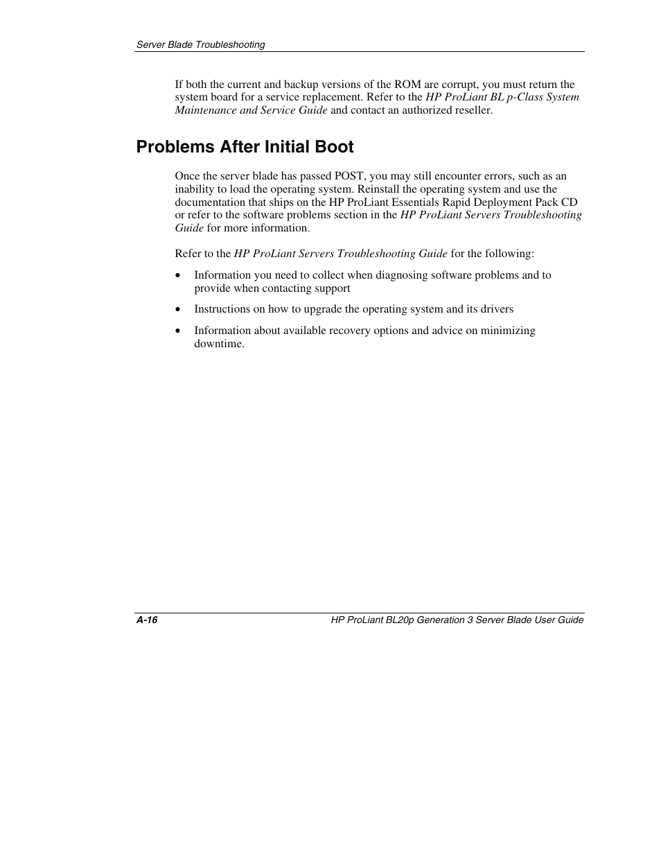 Problems after initial boot, To the “problems after initial boot” secti | HP ProLiant BL20p G3 Server Blade User Manual | Page 101 / 115