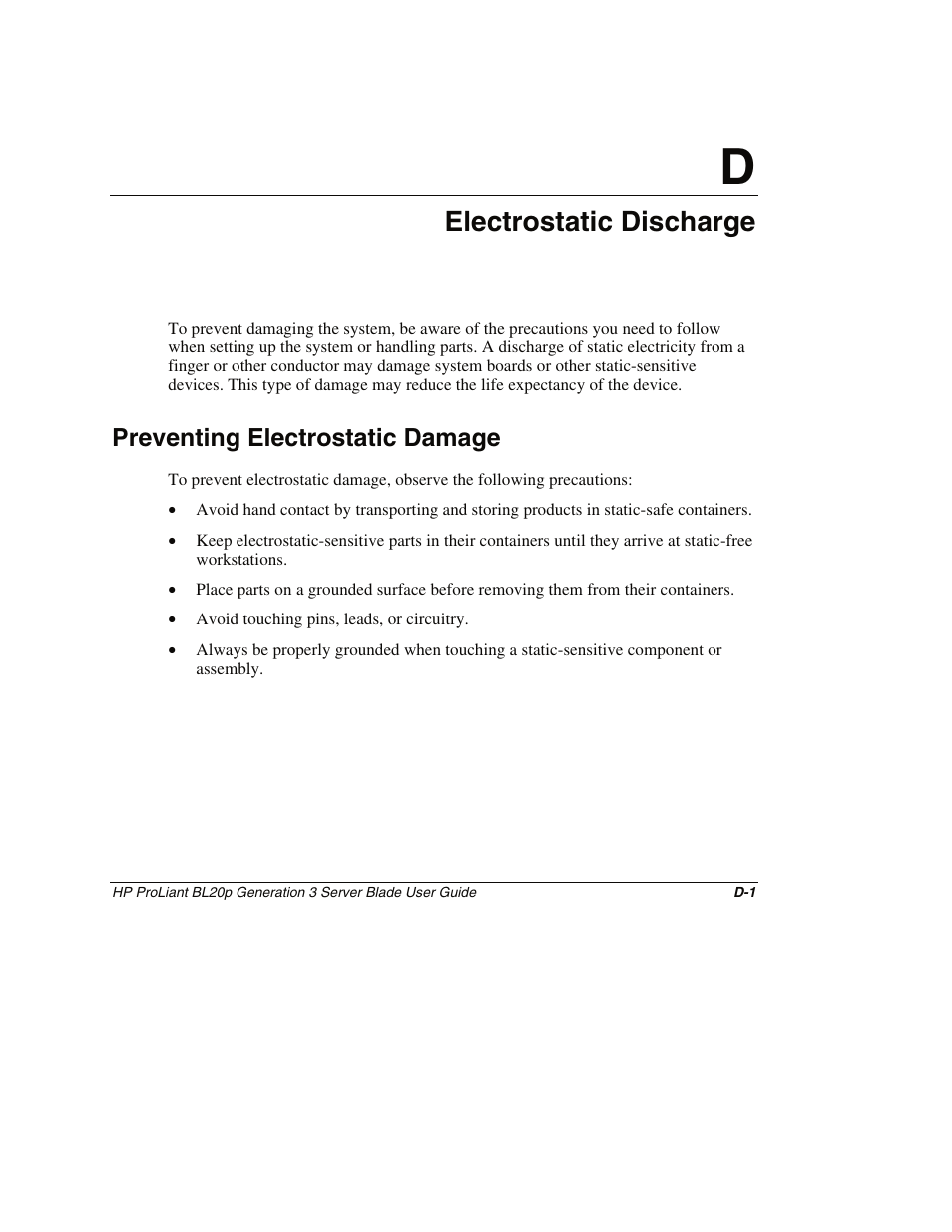 Appendix d: electrostatic discharge, Preventing electrostatic damage, Appendix d | Electrostatic discharge | HP ProLiant BL20p G3 Server Blade User Manual | Page 108 / 115