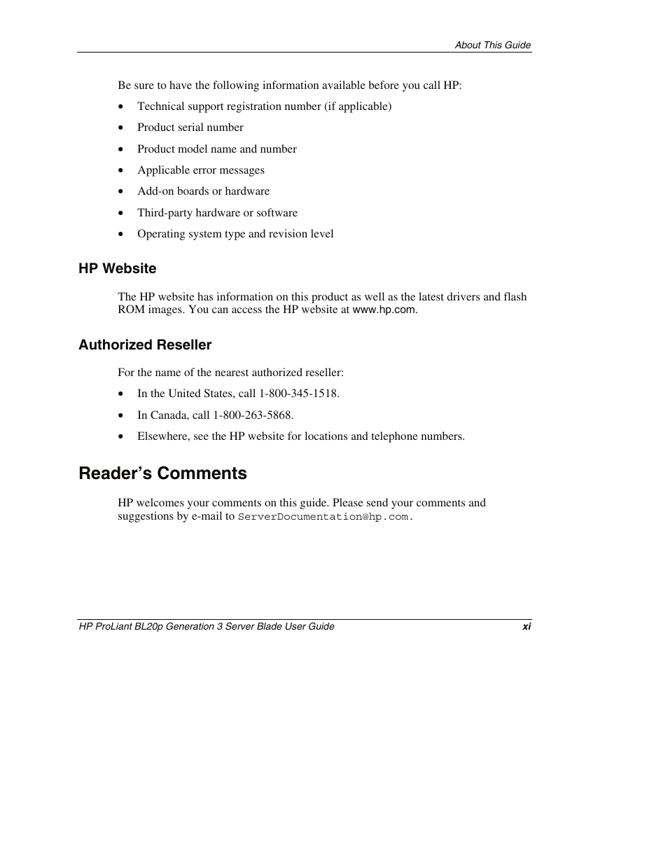 Hp website, Authorized reseller, Reader’s comments | HP ProLiant BL20p G3 Server Blade User Manual | Page 11 / 115