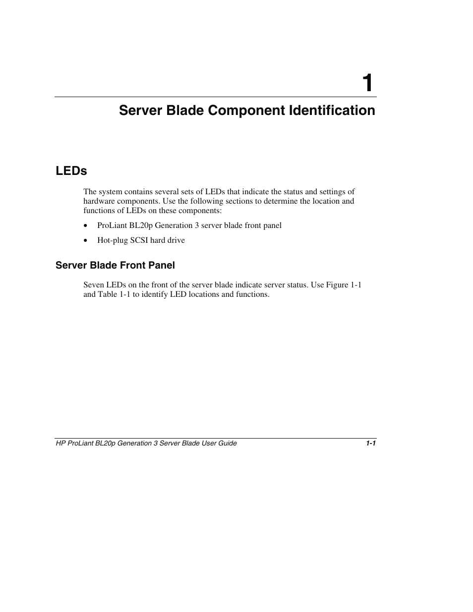 Chapter 1: server blade component identification, Leds, Server blade front panel | Chapter 1, Server blade component identification, Leds -1, Server blade front panel -1 | HP ProLiant BL20p G3 Server Blade User Manual | Page 12 / 115