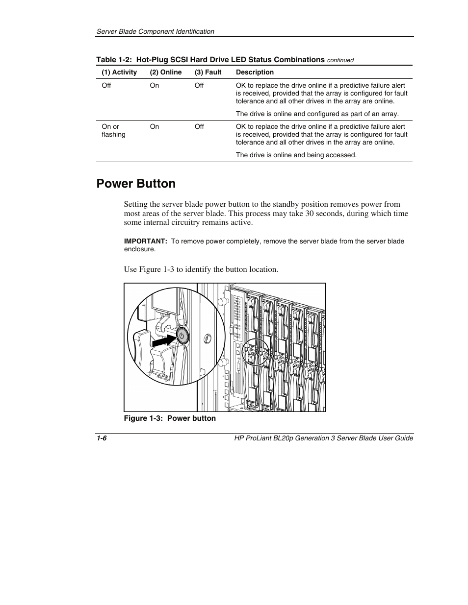 Power button, Power button -6 | HP ProLiant BL20p G3 Server Blade User Manual | Page 17 / 115