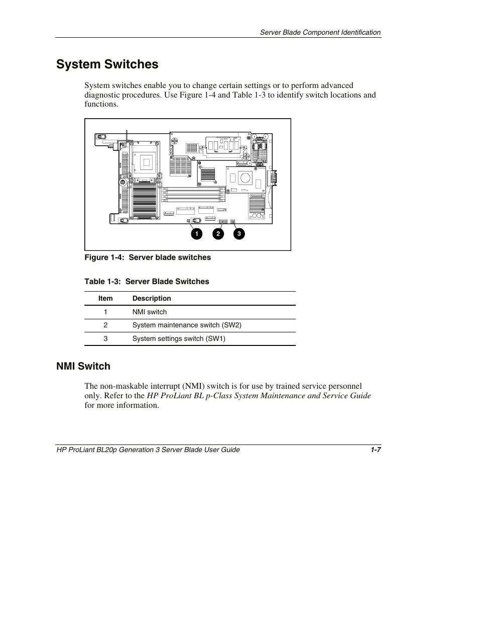 System switches, Nmi switch, System switches -7 | Nmi switch -7 | HP ProLiant BL20p G3 Server Blade User Manual | Page 18 / 115