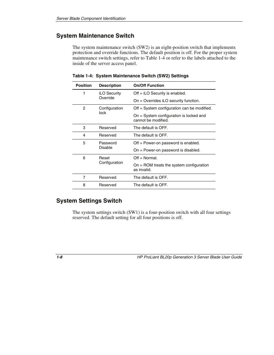 System maintenance switch, System settings switch, System maintenance switch -8 | System settings switch -8 | HP ProLiant BL20p G3 Server Blade User Manual | Page 19 / 115