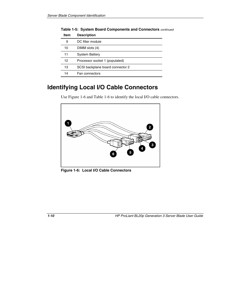 Identifying local i/o cable connectors, Identifying local i/o cable connectors -10 | HP ProLiant BL20p G3 Server Blade User Manual | Page 21 / 115