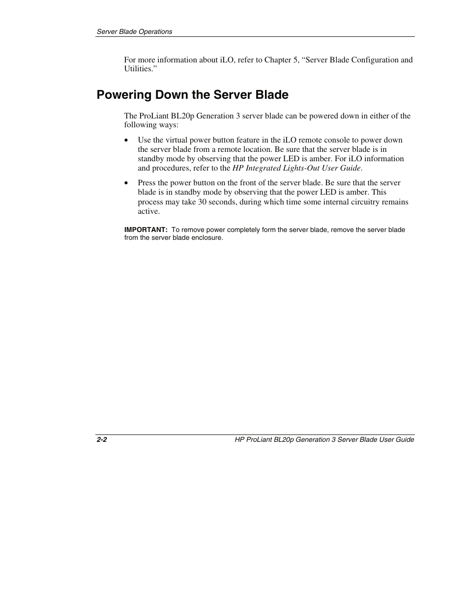 Powering down the server blade, Powering down the server blade -2 | HP ProLiant BL20p G3 Server Blade User Manual | Page 24 / 115