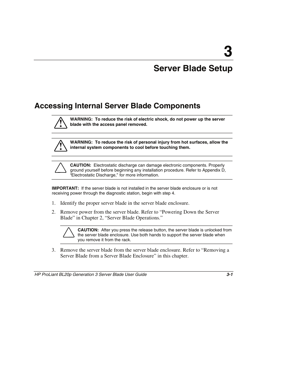 Chapter 3: server blade setup, Accessing internal server blade components, Chapter 3 | Server blade setup, Accessing internal server blade components -1 | HP ProLiant BL20p G3 Server Blade User Manual | Page 25 / 115