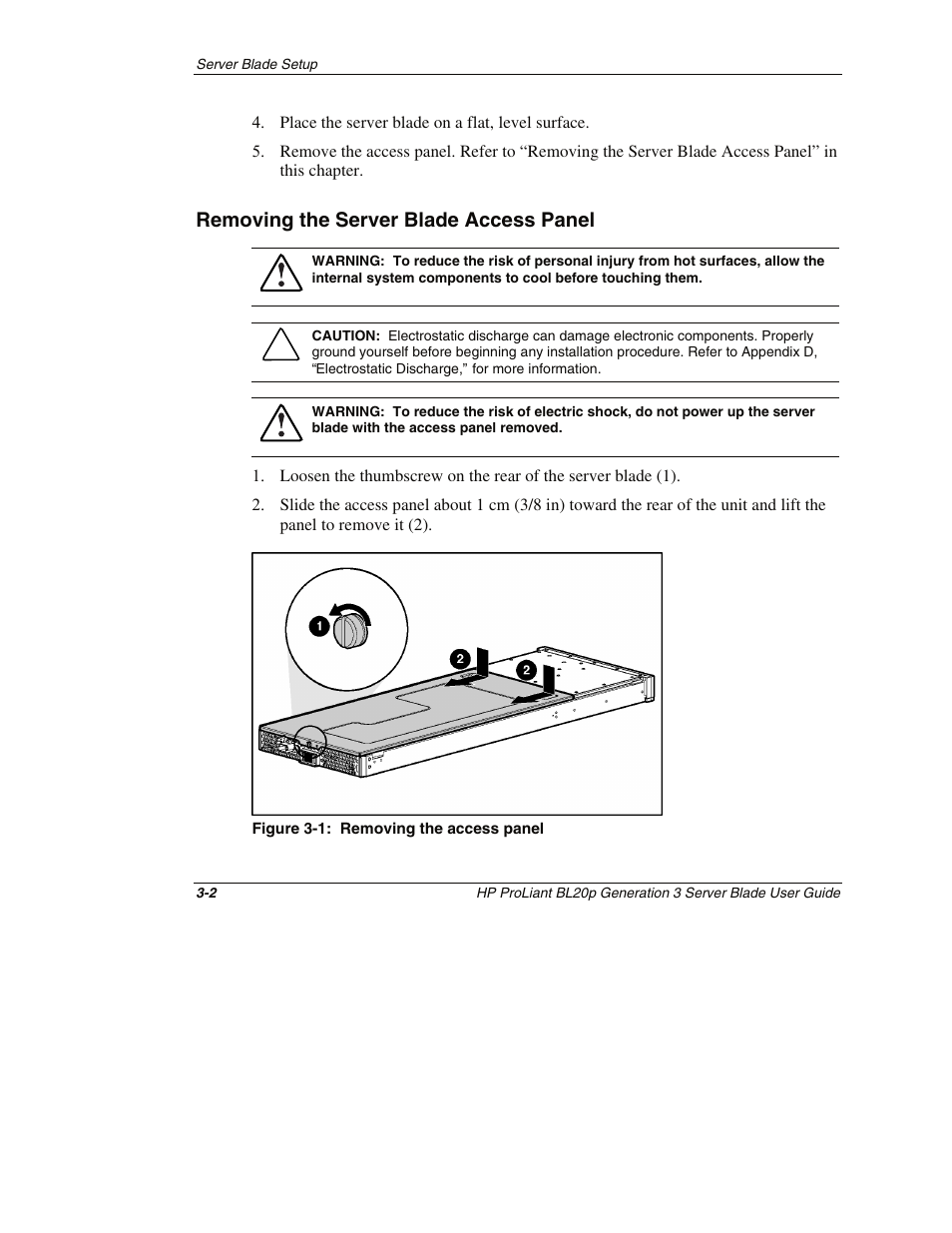 Removing the server blade access panel, Removing the server blade access panel -2 | HP ProLiant BL20p G3 Server Blade User Manual | Page 26 / 115