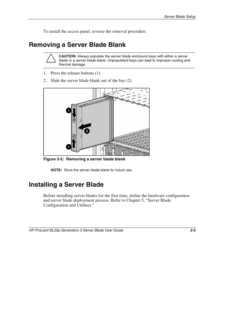 Removing a server blade blank, Installing a server blade, Removing a server blade blank -3 | Installing a server blade -3 | HP ProLiant BL20p G3 Server Blade User Manual | Page 27 / 115