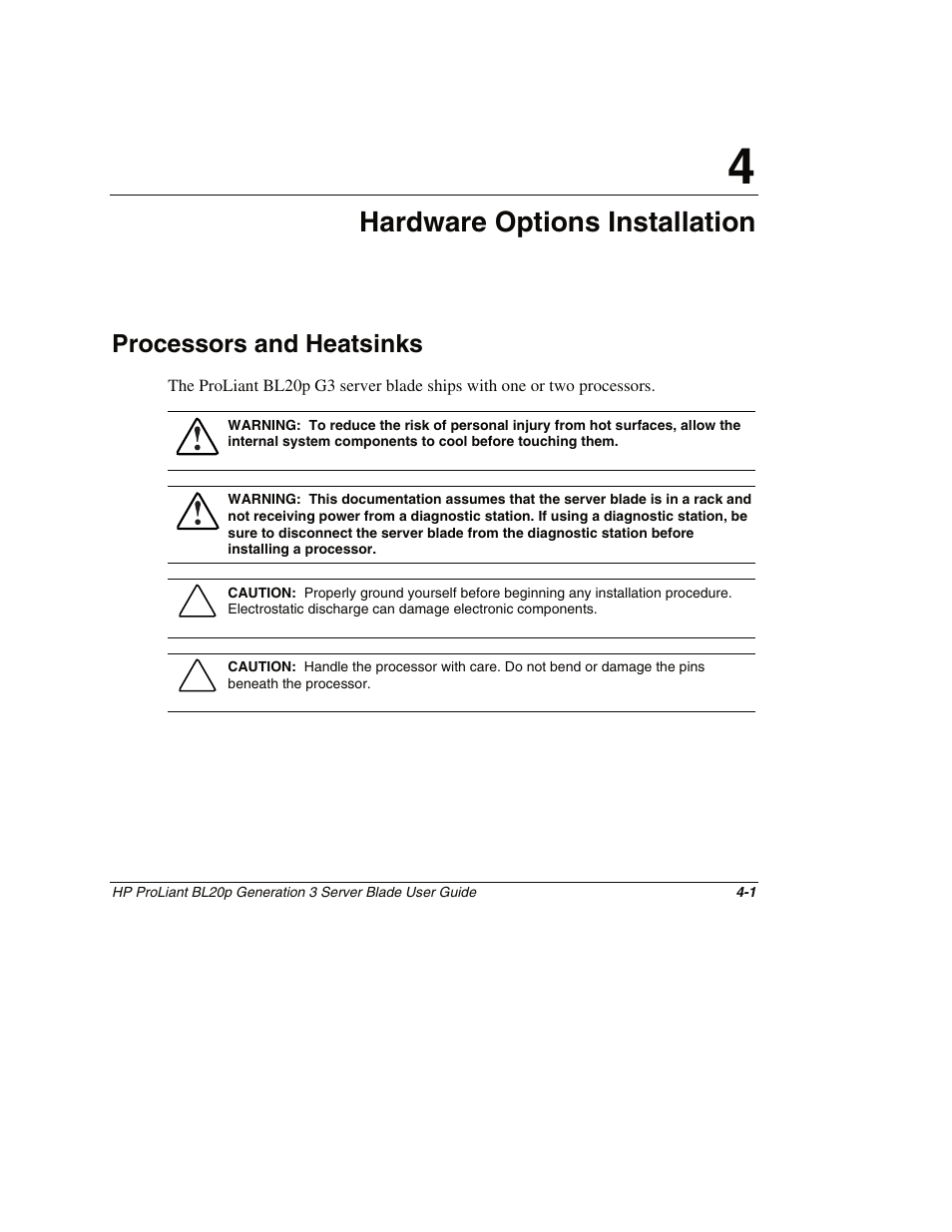 Chapter 4: hardware options installation, Processors and heatsinks, Chapter 4 | Hardware options installation, Processors and heatsinks -1 | HP ProLiant BL20p G3 Server Blade User Manual | Page 30 / 115