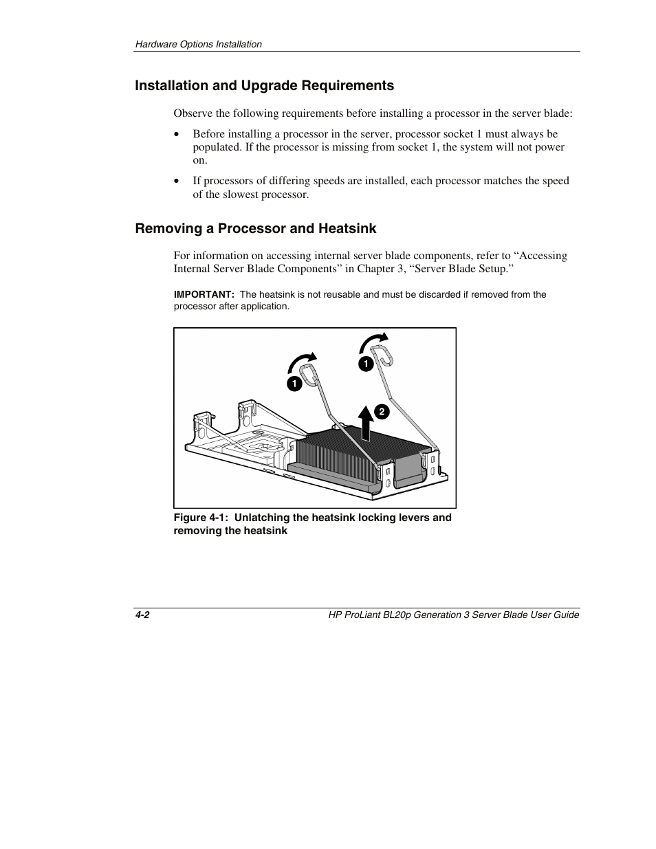 Installation and upgrade requirements, Removing a processor and heatsink, Installation and upgrade requirements -2 | Removing a processor and heatsink -2 | HP ProLiant BL20p G3 Server Blade User Manual | Page 31 / 115