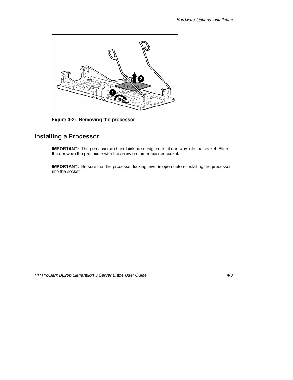 Installing a processor, Installing a processor -3 | HP ProLiant BL20p G3 Server Blade User Manual | Page 32 / 115