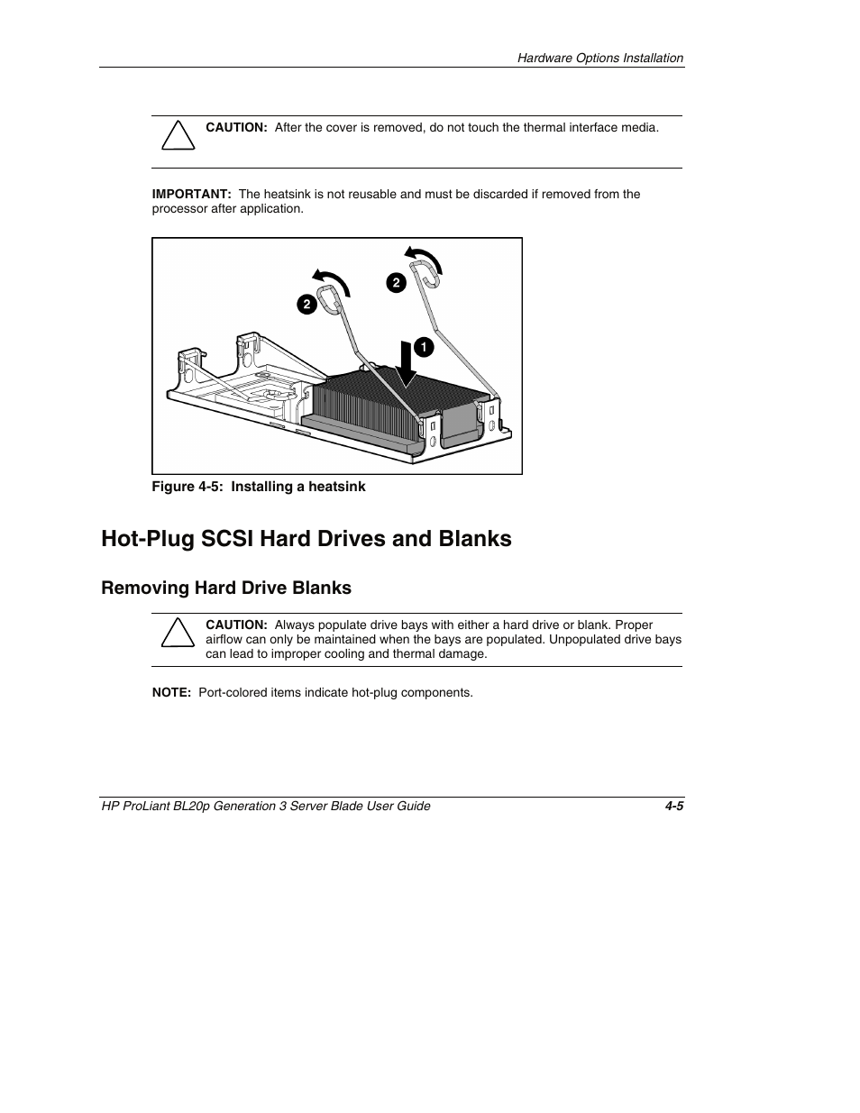 Hot-plug scsi hard drives and blanks, Removing hard drive blanks, Hot-plug scsi hard drives and blanks -5 | Removing hard drive blanks -5 | HP ProLiant BL20p G3 Server Blade User Manual | Page 34 / 115