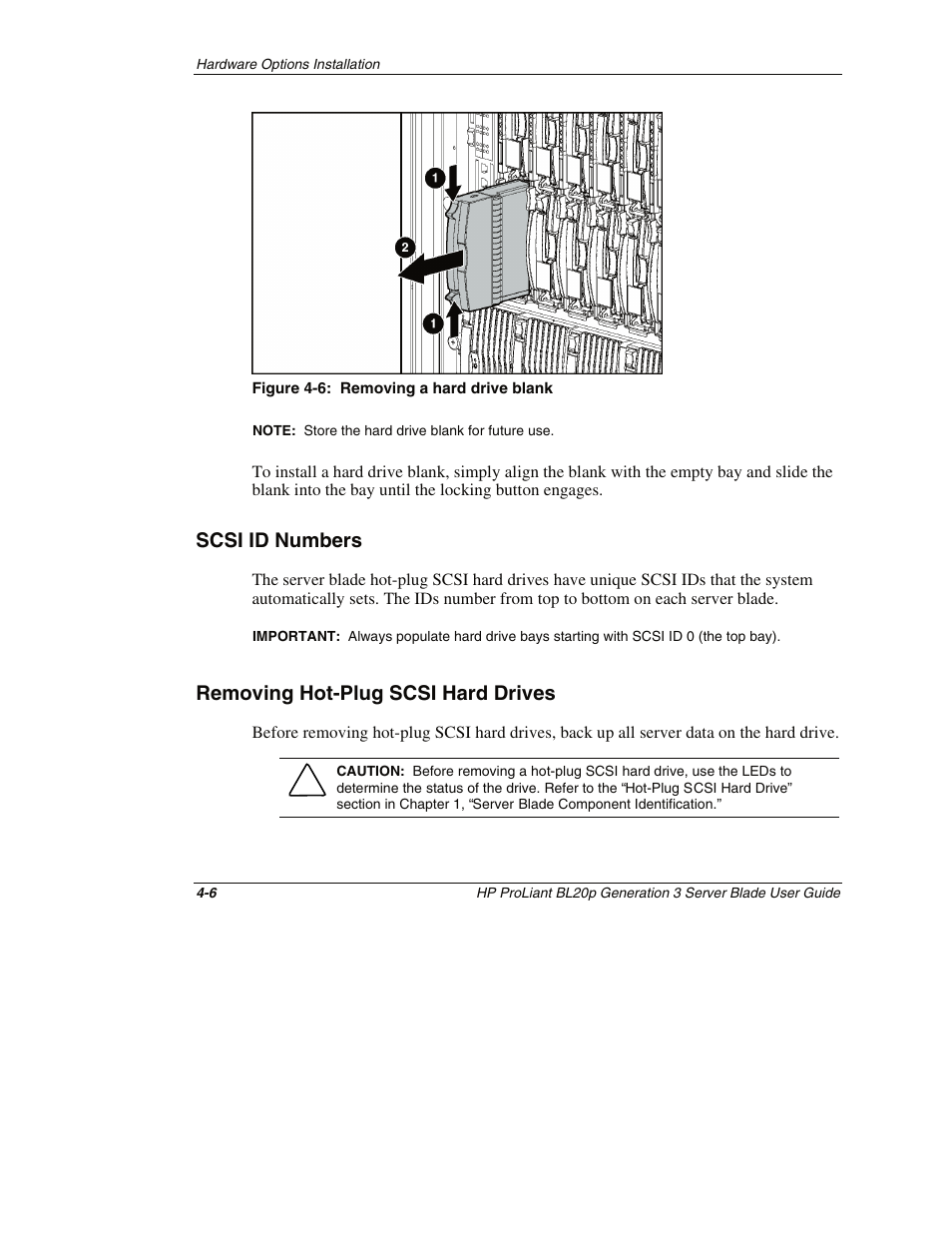 Scsi id numbers, Removing hot-plug scsi hard drives, Scsi id numbers -6 | Removing hot-plug scsi hard drives -6 | HP ProLiant BL20p G3 Server Blade User Manual | Page 35 / 115