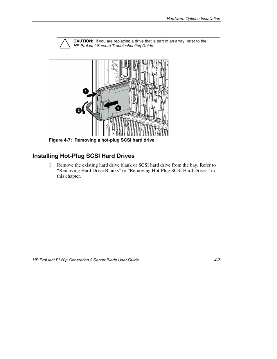 Installing hot-plug scsi hard drives, Installing hot-plug scsi hard drives -7 | HP ProLiant BL20p G3 Server Blade User Manual | Page 36 / 115