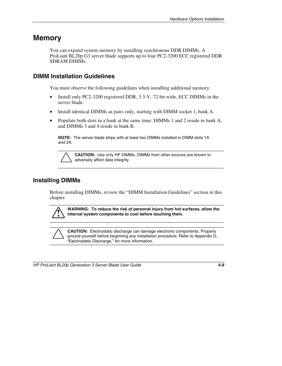 Memory, Dimm installation guidelines, Installing dimms | Memory -9, Dimm installation guidelines -9, Installing dimms -9 | HP ProLiant BL20p G3 Server Blade User Manual | Page 38 / 115