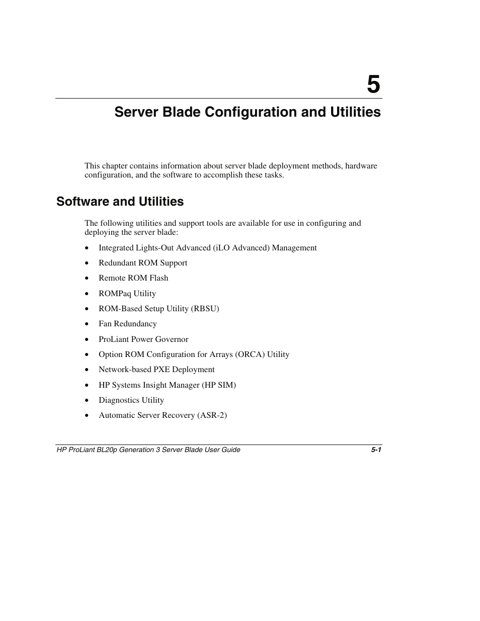 Software and utilities, Chapter 5, Server blade configuration and utilities | Software and utilities -1 | HP ProLiant BL20p G3 Server Blade User Manual | Page 45 / 115