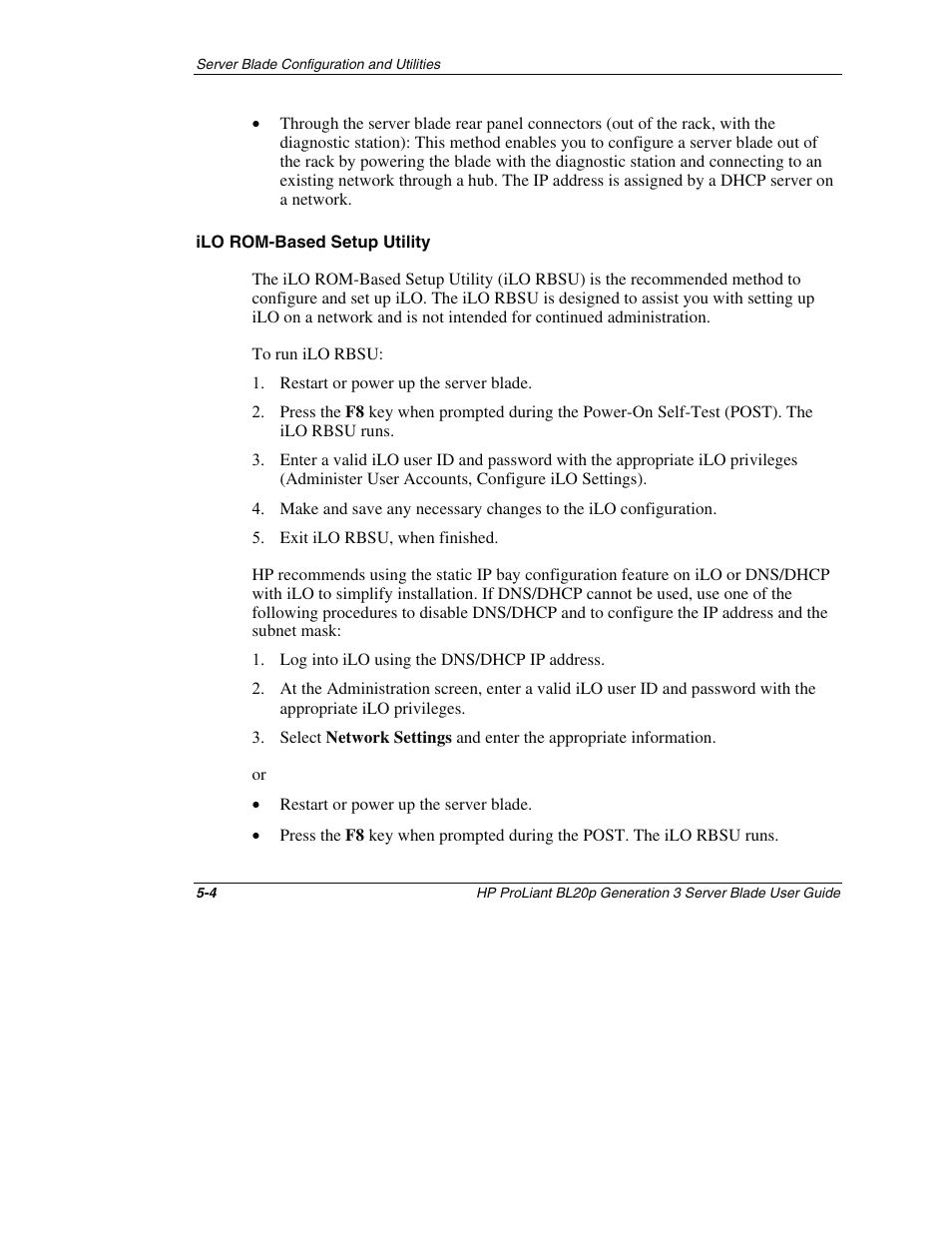 Ilo rom-based setup utility | HP ProLiant BL20p G3 Server Blade User Manual | Page 48 / 115