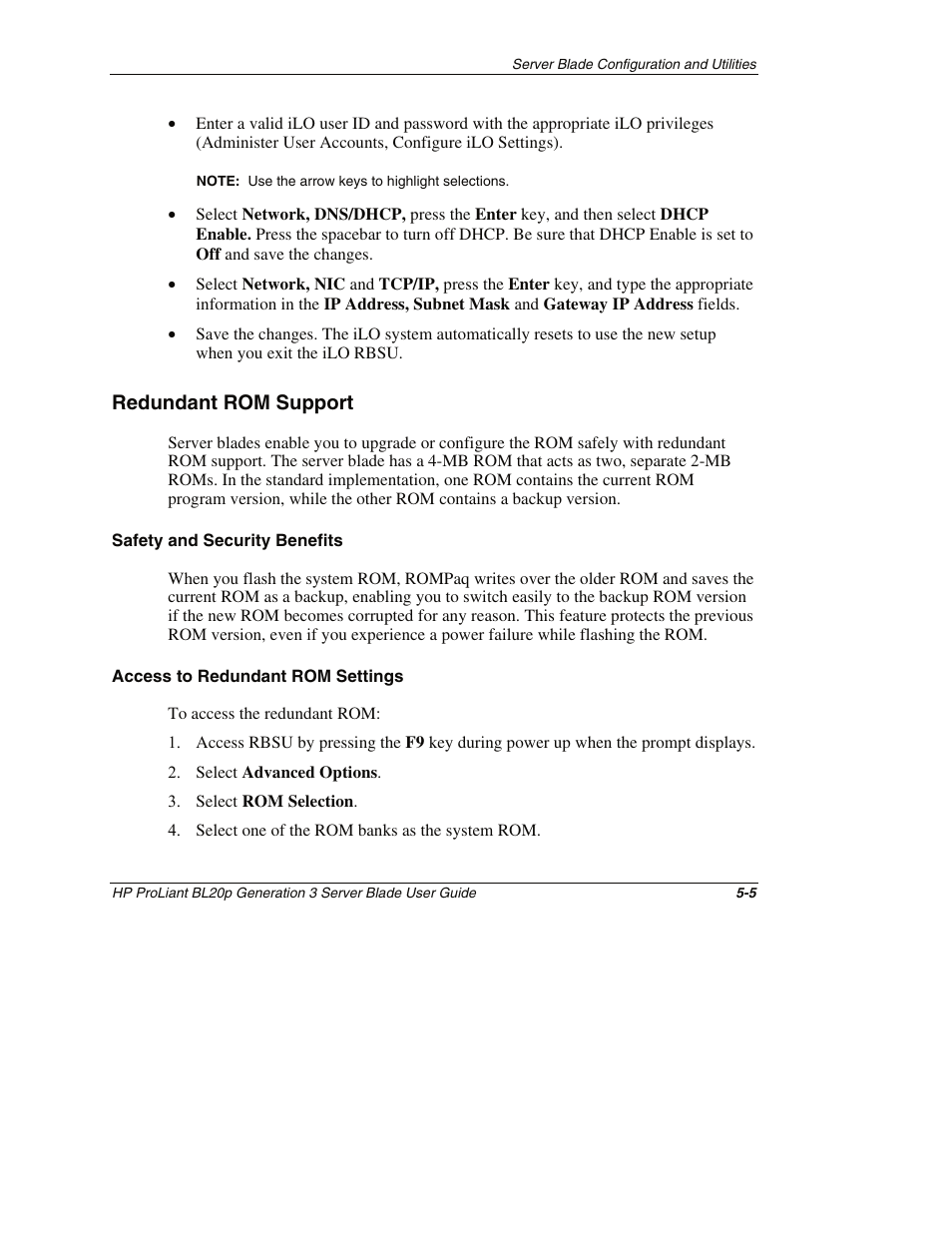 Redundant rom support, Safety and security benefits, Access to redundant rom settings | Redundant rom support -5 | HP ProLiant BL20p G3 Server Blade User Manual | Page 49 / 115