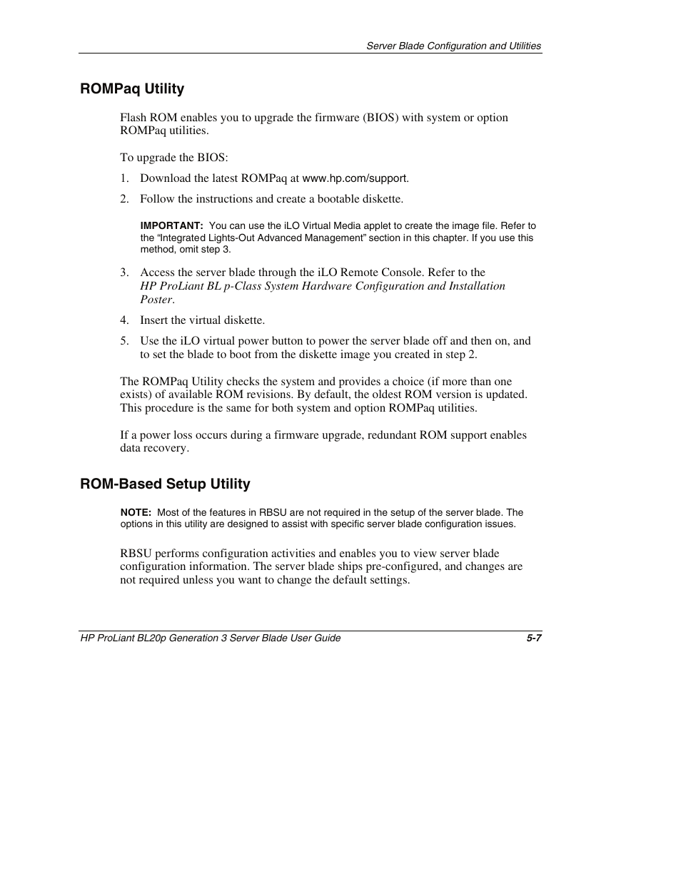 Rompaq utility, Rom-based setup utility, Rompaq utility -7 | Rom-based setup utility -7 | HP ProLiant BL20p G3 Server Blade User Manual | Page 51 / 115