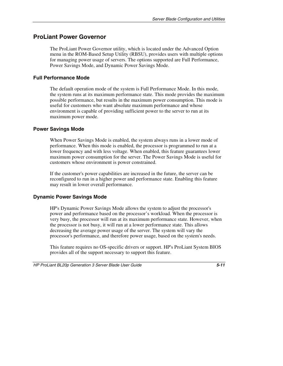 Proliant power governor, Full performance mode, Power savings mode | Dynamic power savings mode, Proliant power governor -11 | HP ProLiant BL20p G3 Server Blade User Manual | Page 55 / 115