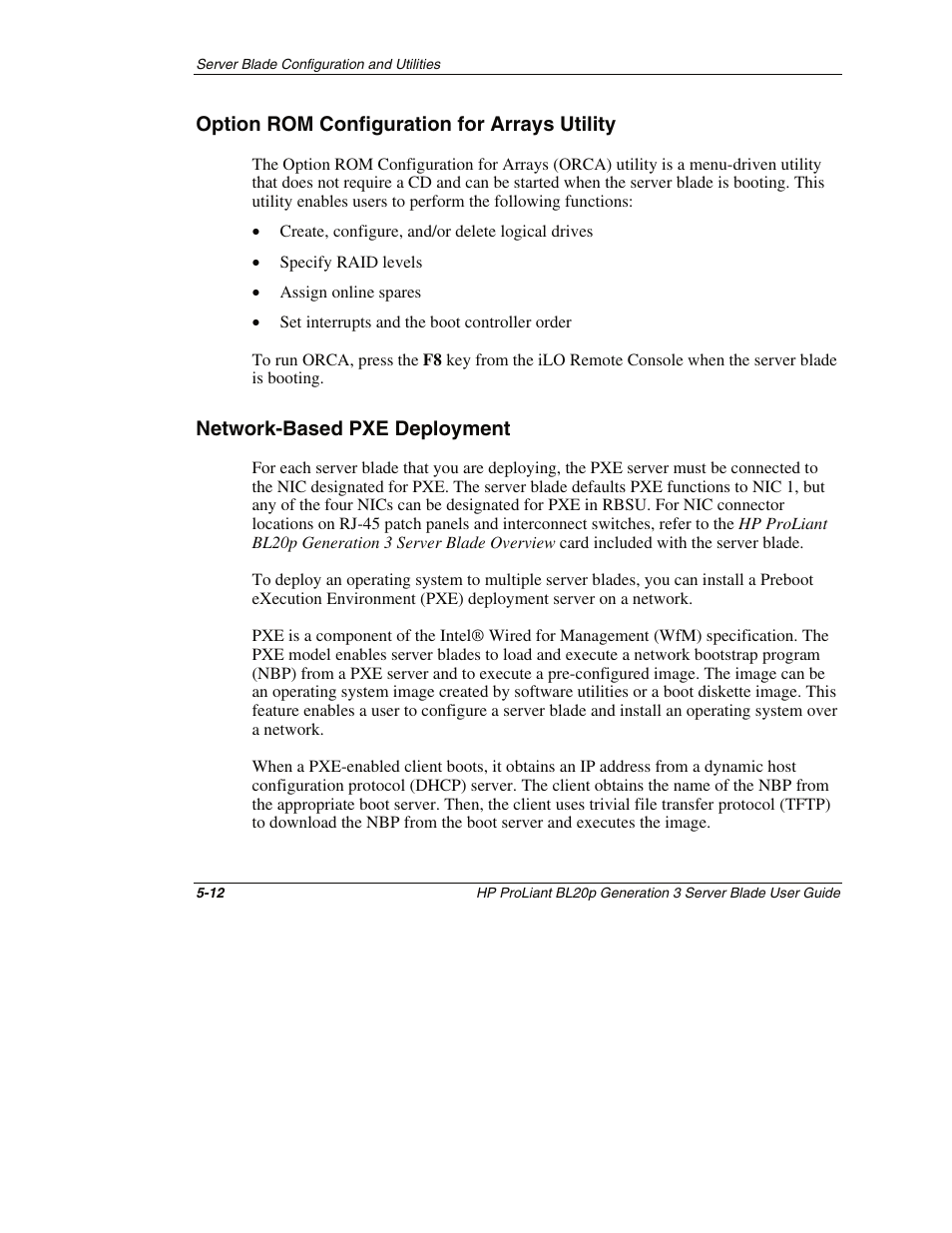 Option rom configuration for arrays utility, Network-based pxe deployment, Option rom configuration for arrays utility -12 | Network-based pxe deployment -12 | HP ProLiant BL20p G3 Server Blade User Manual | Page 56 / 115