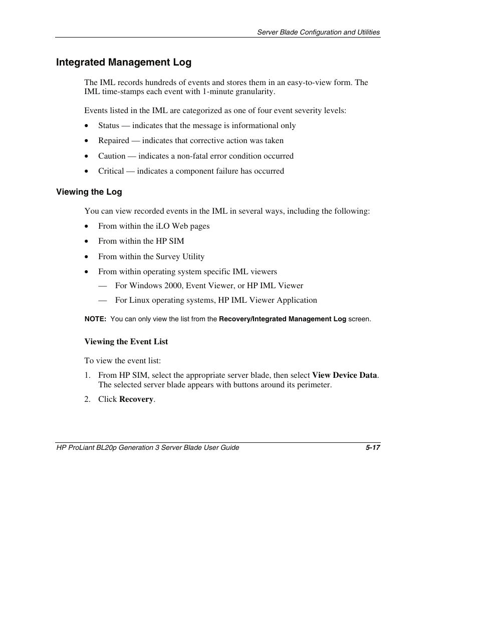 Integrated management log, Viewing the log, Integrated management log -17 | HP ProLiant BL20p G3 Server Blade User Manual | Page 61 / 115