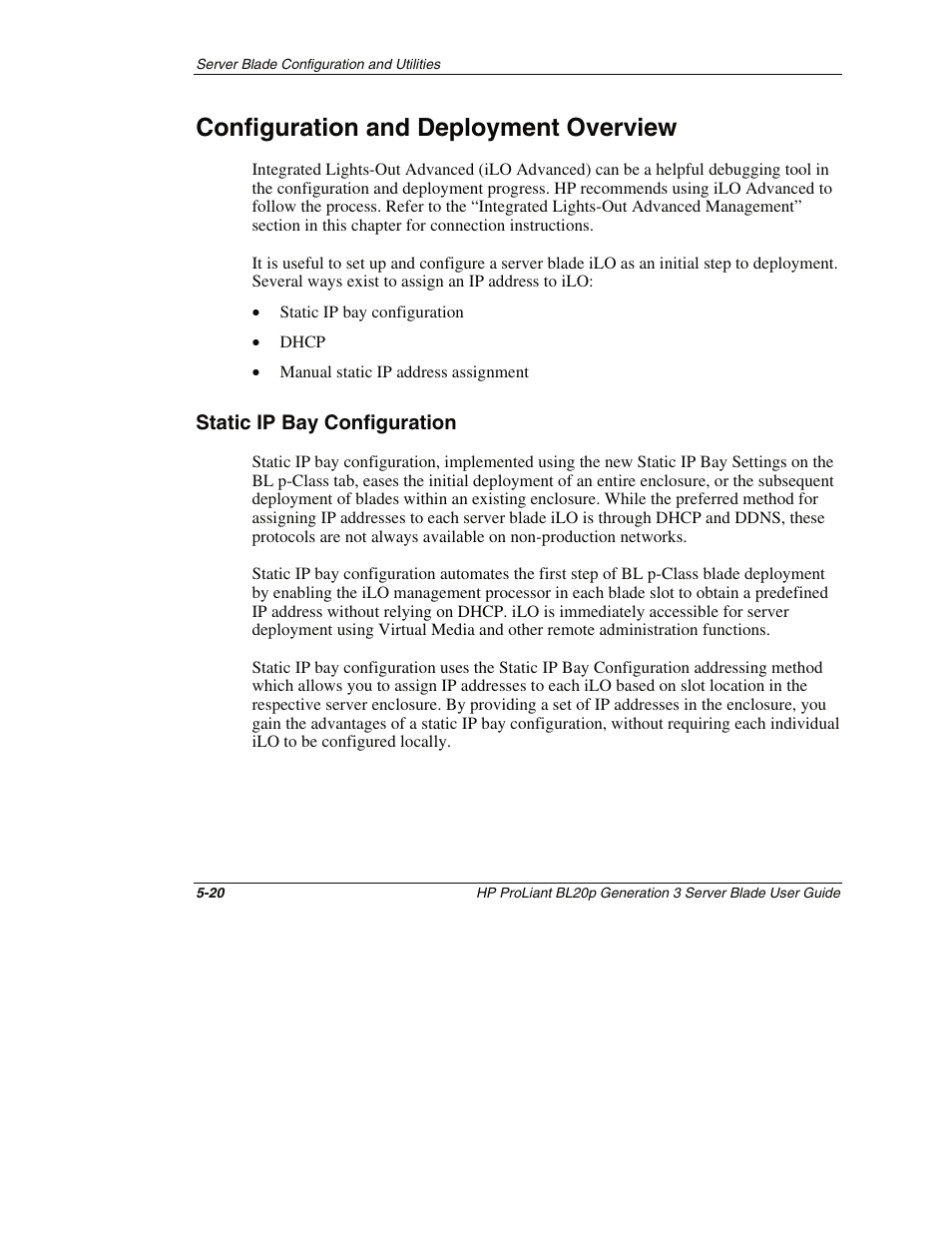Configuration and deployment overview, Static ip bay configuration, Configuration and deployment overview -20 | Static ip bay configuration -20 | HP ProLiant BL20p G3 Server Blade User Manual | Page 64 / 115