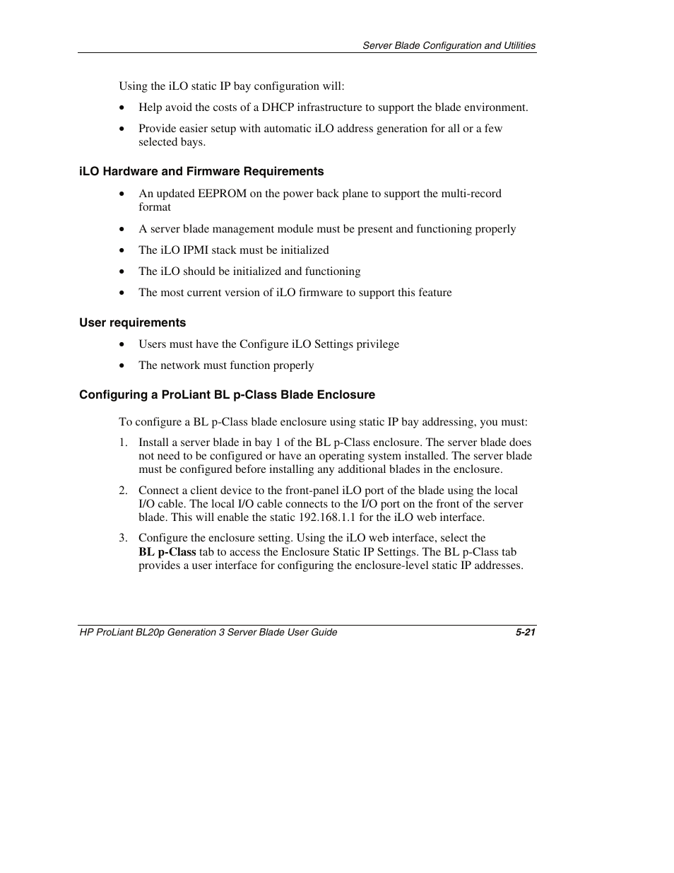 Ilo hardware and firmware requirements, User requirements, Configuring a proliant bl p-class blade enclosure | HP ProLiant BL20p G3 Server Blade User Manual | Page 65 / 115