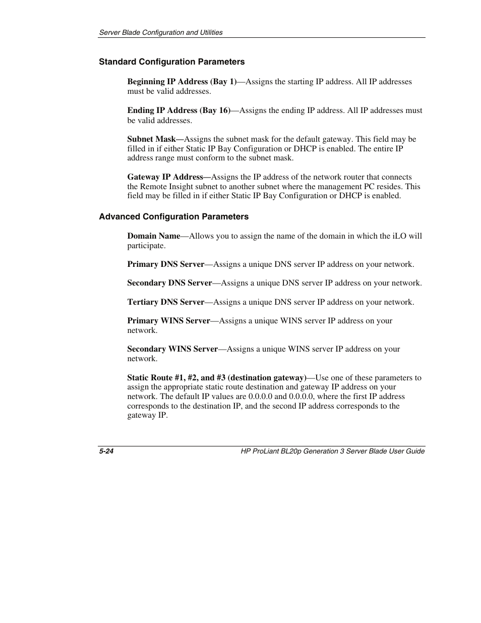 Standard configuration parameters, Advanced configuration parameters | HP ProLiant BL20p G3 Server Blade User Manual | Page 68 / 115