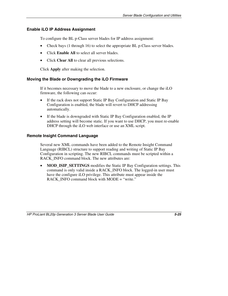 Enable ilo ip address assignment, Moving the blade or downgrading the ilo firmware, Remote insight command language | HP ProLiant BL20p G3 Server Blade User Manual | Page 69 / 115