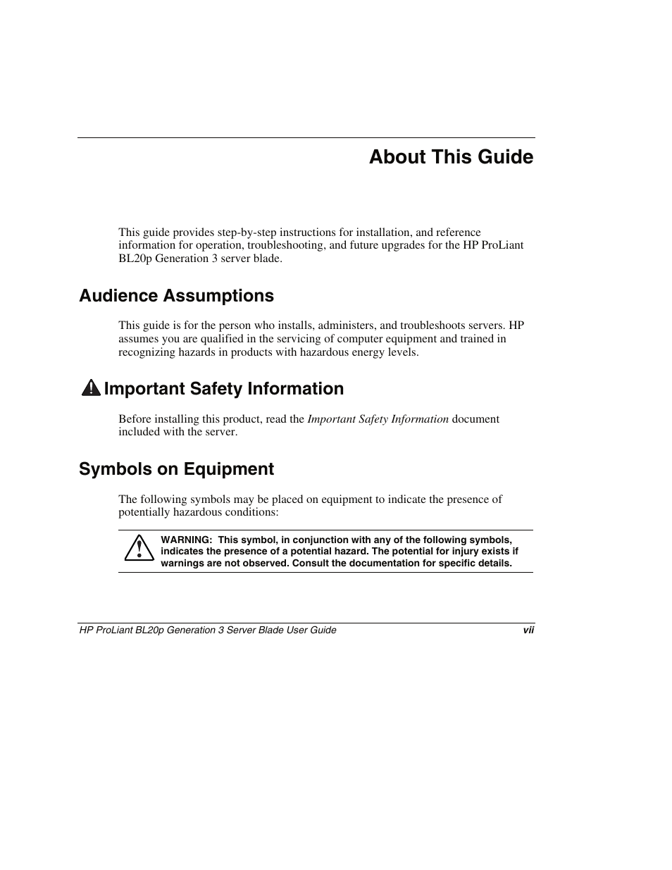 About this guide, Audience assumptions, Important safety information | Symbols on equipment | HP ProLiant BL20p G3 Server Blade User Manual | Page 7 / 115