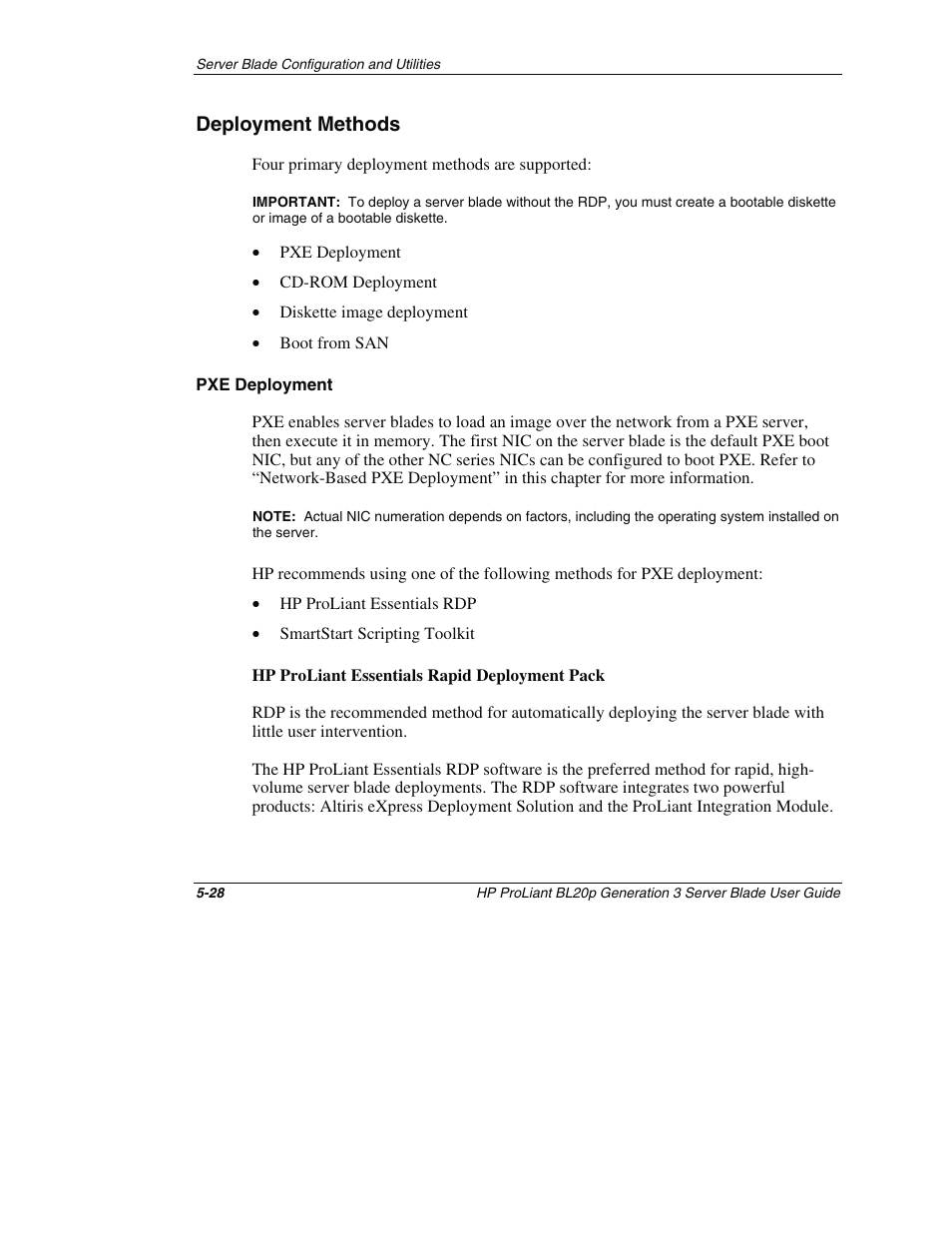 Deployment methods, Pxe deployment, Deployment methods -28 | HP ProLiant BL20p G3 Server Blade User Manual | Page 72 / 115