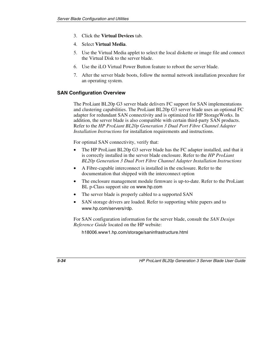 San configuration overview, Or “san configuration overview” in th | HP ProLiant BL20p G3 Server Blade User Manual | Page 78 / 115